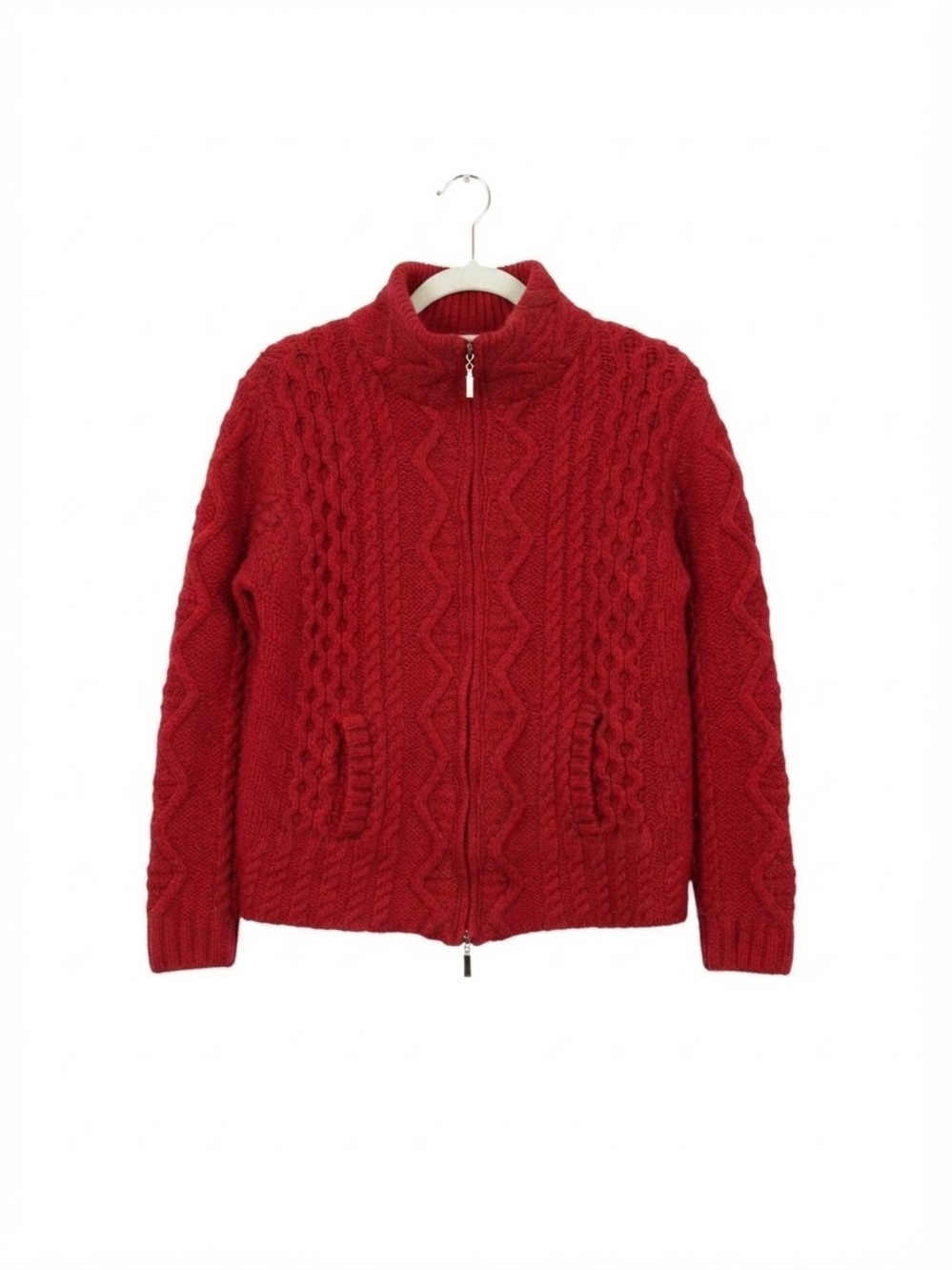 Aran Crafts Ireland 100% Merino Wool Full-Zip Aran Sweater Red  S Grandmacore